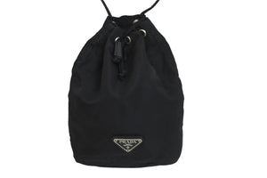 PRADA プラダ ポーチ ポシェット 巾着 トライアングルロゴ ナイロン ブラック シルバー金具 美品 中古 56901