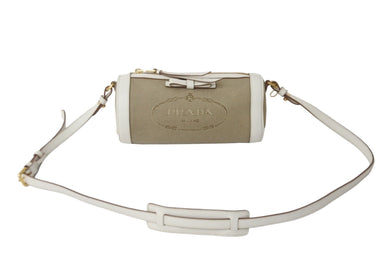 PRADA プラダ ドラム型ショルダ－バッグ キャンバス レザー リボン ベージュ ホワイト ゴールド金具 美品 中古 56933