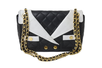 MOSCHINO モスキーノ ジャケットキルティング ダブルチェーン ショルダーバッグ ブラック ホワイト バイカラー 良品 中古 56952