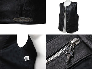 極美品 CHROME HEARTS クロムハーツ ベスト CHクロスボタン ブラック 牛革 シルバー925 サイズS 中古 56994