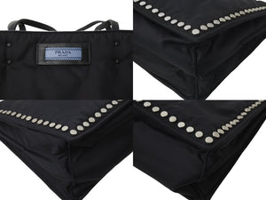 PRADA プラダ テスート エティケット トートバッグ ナイロン スタッズ 1BG122 ブラック ロゴ レザー 美品 中古 57188