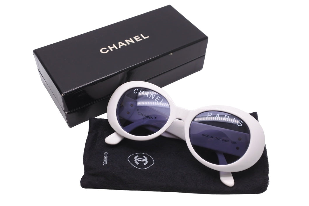 CHANEL シャネル サングラス ココマーク オーバル レンズロゴ 01947 10601 ホワイト ゴールド金具 美品 中古 57195