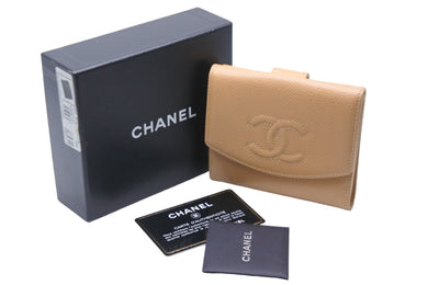 CHANEL シャネル ココマーク 三つ折り財布 10番台 キャビアスキン ベージュ ゴールド金具 美品 中古 57196