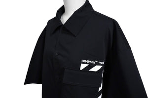 極美品 OFF-WHITE オフホワイト 半袖シャツ ブラック コットン ポリエステル エラスタン サイズXL 中古 57221