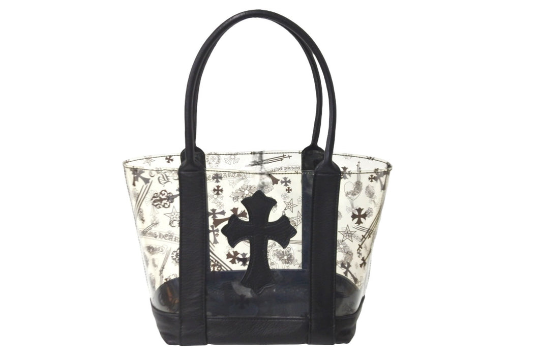 極美品 CHROME HEARTS クロムハーツ ハンドバッグ セメタリークロス クリア ミニバッグ ブラック レザー ビニール 中古 57228