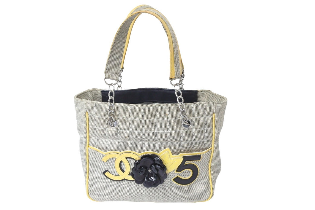 CHANEL シャネル チェーンハンドバッグ カメリア ココマーク No.5 チョコバー パテント キャンバスレザー イエロー 良品 中古 57431