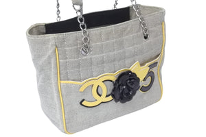 CHANEL シャネル チェーンハンドバッグ カメリア ココマーク No.5 チョコバー パテント キャンバスレザー イエロー 良品 中古 57431
