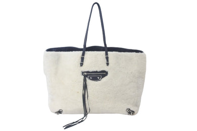 BALENCIAGA バレンシアガ トートバッグ ムートン レザー 671404 バルベススモール ホワイト ブラック シルバー金具 美品 中古 57519