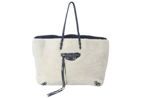 BALENCIAGA バレンシアガ トートバッグ ムートン レザー 671404 バルベススモール ホワイト ブラック シルバー金具 美品 中古 57519