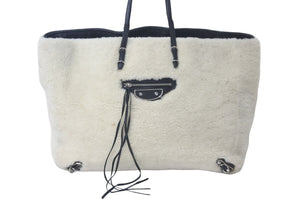 BALENCIAGA バレンシアガ トートバッグ ムートン レザー 671404 バルベススモール ホワイト ブラック シルバー金具 美品 中古 57519