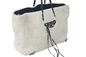BALENCIAGA バレンシアガ トートバッグ ムートン レザー 671404 バルベススモール ホワイト ブラック シルバー金具 美品 中古 57519