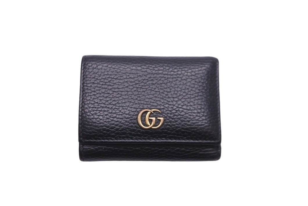 GUCCI グッチ 三つ折り財布 ウォレット 474746 CAO0G 5729 GGマーモント ダブルGロゴ レザー ブラック ゴールド 美品 中古 57552