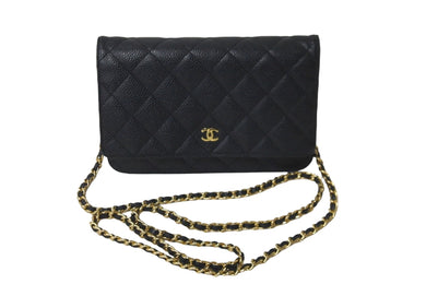 CHANEL シャネル ウォレットチェーンショルダーバッグ ココマーク A33814 18番台 2014 マトラッセ キャビアスキン 美品 中古 57592