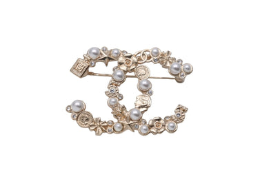 極美品 CHANEL シャネル ブローチ ココマーク No.5 ストーン パール 星 クローバー A21V刻印 フランス製 GP ゴールド 中古 57633
