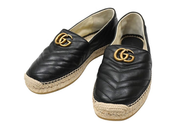GUCCI グッチ スリッポン GG 551890 BKO00 エスパドリーユ キルティング シェブロン レザー ブラック ゴールド 美品 中古 57647 