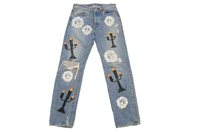 DENIM TEARS × VIRGIL ABLOH デニムティアーズ ヴァージル メッセージ プリント デニムパンツ 501 W32 L32 美品 中古 57678