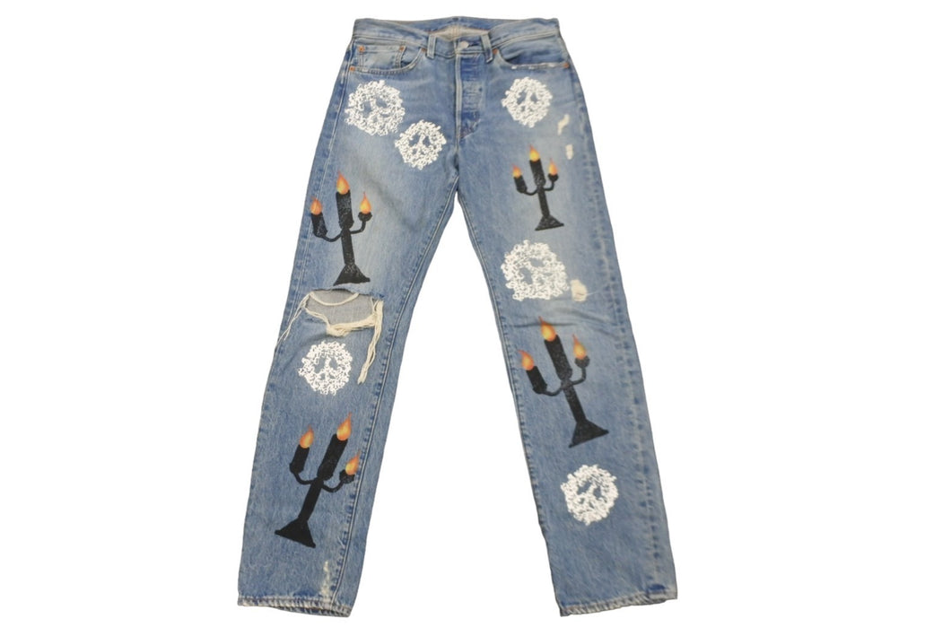 DENIM TEARS × VIRGIL ABLOH デニムティアーズ ヴァージル メッセージ プリント デニムパンツ 501 W32 L32 美品 中古 57678