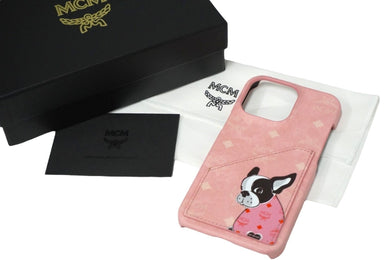 新品未使用 MCM エムシーエム スマホケース 携帯 IPHONE13 PRO ピンク フレンチブルドッグ MXECATA04 QZ001 中古 57763