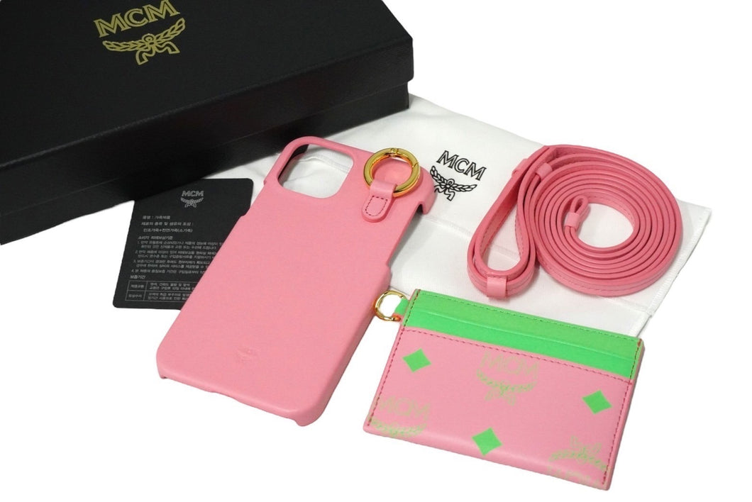 新品未使用品 MCM エムシーエム スマホケース カードケース付き iPhone12 MXECSSX01 ピンク レザー ゴールド金具 中古 57770