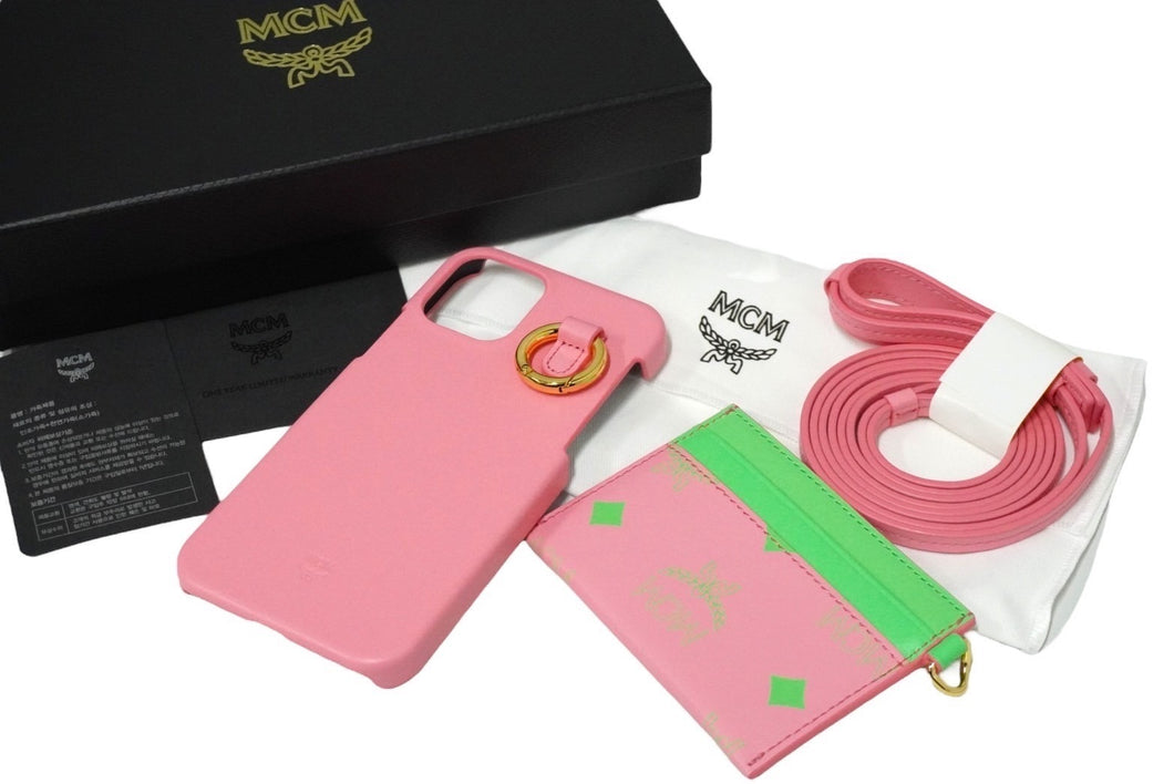新品未使用品 MCM エムシーエム スマホケース カードケース付き iPhone12 MXECSSX01 ピンク レザー ゴールド金具 中古 57771