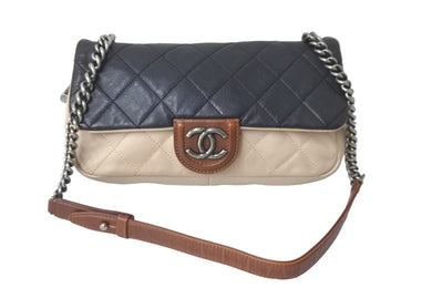 CHANEL シャネル チェーンショルダーバッグ マトラッセ 16番台 ブラック ベージュ ブラウン シルバー金具 美品 中古 57806