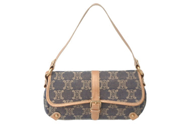 CELINE セリーヌ マカダム柄 ワンショルダーバッグ デニム レザー ネイビー メタリックピンク ゴールド金具 美品 中古 57849