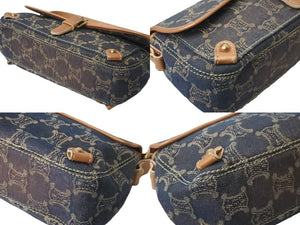 CELINE セリーヌ マカダム柄 ワンショルダーバッグ デニム レザー ネイビー メタリックピンク ゴールド金具 美品 中古 57849