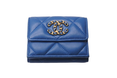 CHANEL シャネル 三つ折り財布 マトラッセ ココマーク 30番台 ブルー ラムスキン AP1789 ゴールド金具 美品 中古 57885