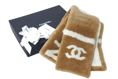 極美品 CHANEL シャネル ロゴ シアリング マフラー カシミヤ ラム ココマーク ブラウン ホワイト 小物 スカーフ 中古 57888