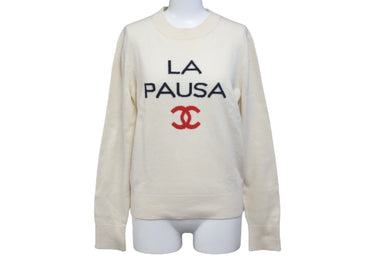 CHANEL シャネル ラパウザ ニット ココマーク ロゴ ホワイト 2019年 カシミヤ P60439K46038 サイズ34 美品 中古 57900