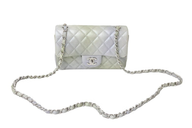 CHANEL シャネル チェーンショルダーバッグ ミニマトラッセ メタリック シルバー グリーン シルバー金具 美品 中古 57962