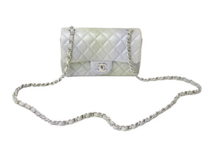 CHANEL シャネル チェーンショルダーバッグ ミニマトラッセ メタリック シルバー グリーン シルバー金具 美品 中古 57962