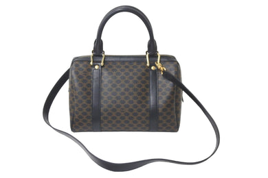 CELINE セリーヌ マカダム ハンドバッグ ミニボストンバッグ PVC レザー ブラック ブラウン ゴールド金具 美品 中古 58004