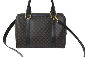 CELINE セリーヌ マカダム ハンドバッグ ミニボストンバッグ PVC レザー ブラック ブラウン ゴールド金具 美品 中古 58004