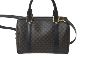 CELINE セリーヌ マカダム ハンドバッグ ミニボストンバッグ PVC レザー ブラック ブラウン ゴールド金具 美品 中古 58004