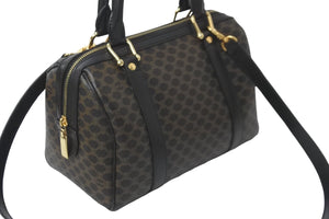CELINE セリーヌ マカダム ハンドバッグ ミニボストンバッグ PVC レザー ブラック ブラウン ゴールド金具 美品 中古 58004