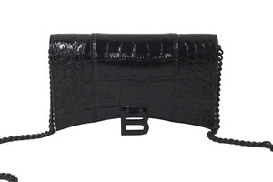 BALENCIAGA バレンシアガ アワーグラス チェーン ウォレット ショルダーバッグ 656050 ブラック クロコ型押し 美品 中古 58008