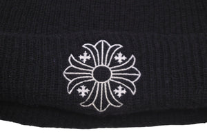 CHROME HEARTS クロムハーツ ニットキャップ 帽子 マルチプラス 刺繍 ビーニー ウール ブラック ホワイト サイズOS 美品 中古 58071