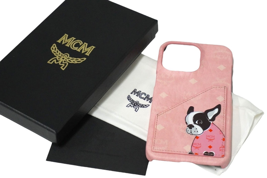 新品未使用 MCM エムシーエム スマホケース 携帯 IPHONE13 PRO ピンク フレンチブルドッグ MXECATA04 QZ001 中古 58121