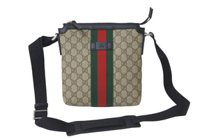 極美品 GUCCI グッチ ショルダーバッグ GGスプリームフラットメッセンジャー キャンバス 471454 ベージュ シルバー金具 中古 58143