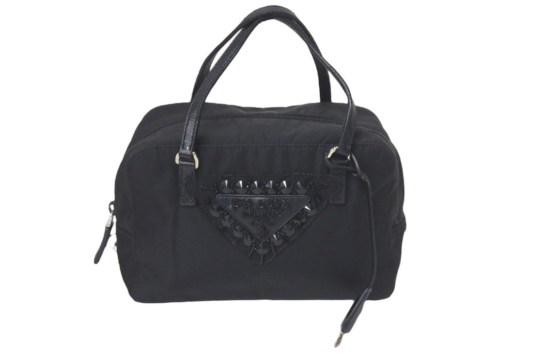 PRADA プラダ ハンドバッグ ビジューロゴハンドバッグ BN1145 ナイロン ブラック シルバー金具 美品 中古 58301