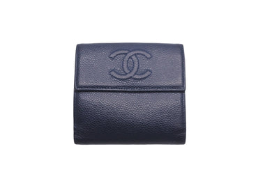 CHANEL シャネル 二つ折り財布 小銭入れ 16番台 2012年 ココマーク キャビアスキン ネイビー シルバー金具 良品 中古 58326