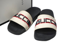 画像をギャラリービューアに読み込む, GUCCI グッチ ストライプ ラバー スライド サンダル ブラック ホワイト ロゴを見る 522884 サイズ10 中古 58369 