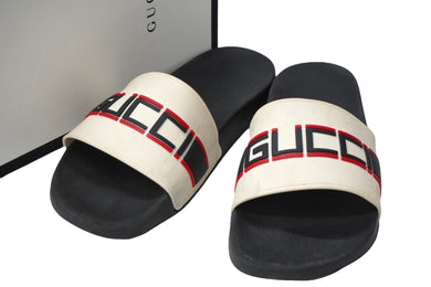 GUCCI グッチ ストライプ ラバー スライド サンダル ブラック ホワイト ロゴを見る 522884 サイズ10 中古 58369 