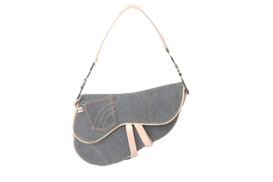Christian Dior クリスチャンディオール サドルバッグ デニム パテント グレー ピンク シルバー金具 D金具 美品 中古 58393