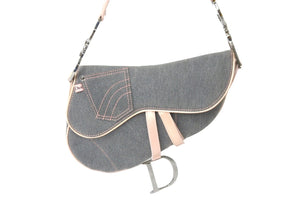 Christian Dior クリスチャンディオール サドルバッグ デニム パテント グレー ピンク シルバー金具 D金具 美品 中古 58393