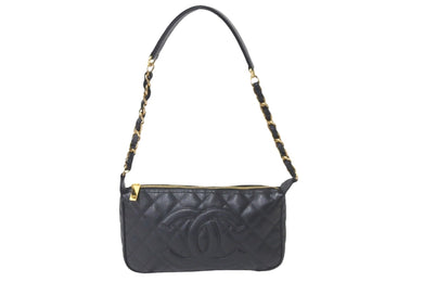 極美品 CHANEL シャネル 月見型 ワンショルダーバッグ ポーチ キャビアスキン 9番台 ブラック 中古 58429