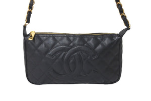 極美品 CHANEL シャネル 月見型 ワンショルダーバッグ ポーチ キャビアスキン 9番台 ブラック 中古 58429