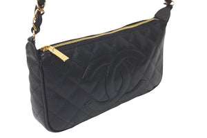 極美品 CHANEL シャネル 月見型 ワンショルダーバッグ ポーチ キャビアスキン 9番台 ブラック 中古 58429
