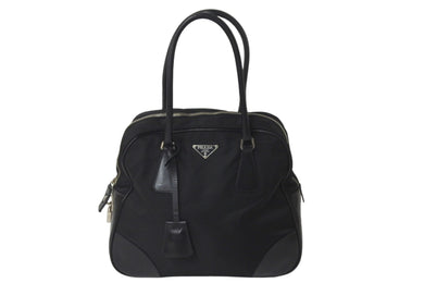 PRADA プラダ ハンドバッグ ブラック 三角プレート B10767 ナイロン レザー シルバー金具 美品 中古 58450